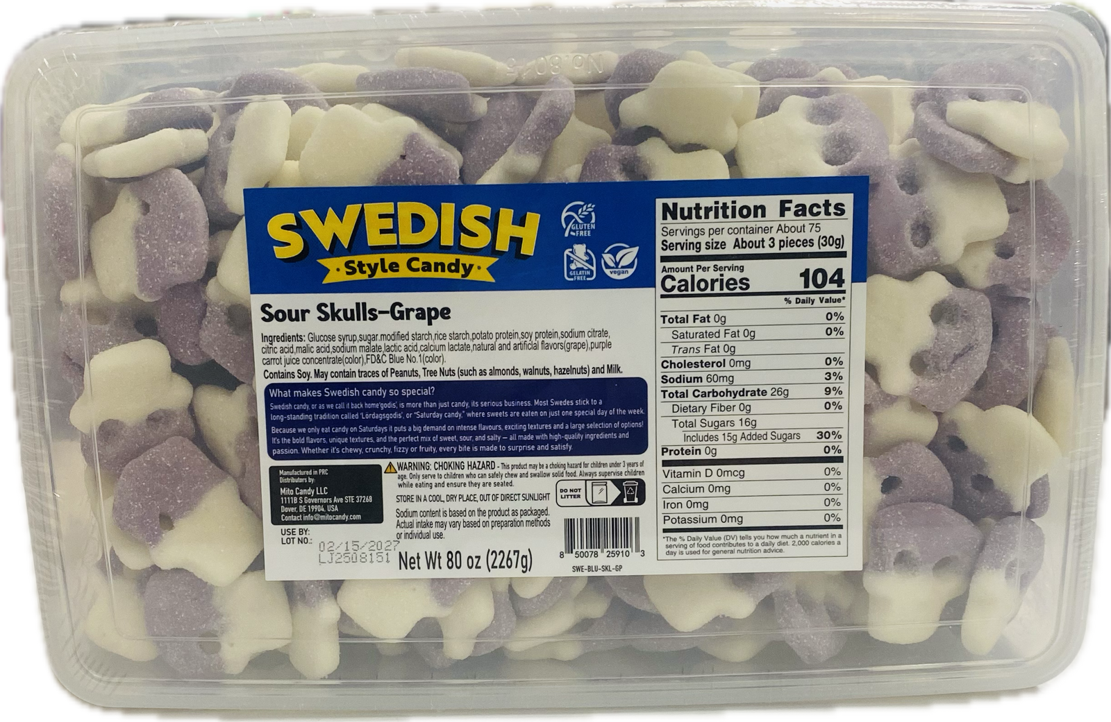 Swedish Style Candy Sour Skulls Grape 5lb
